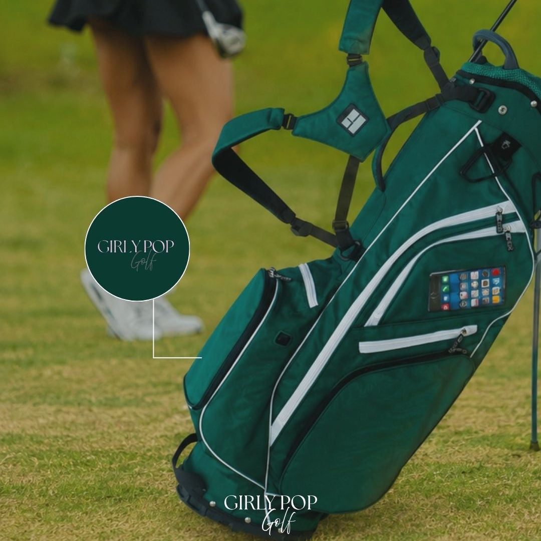 The emerald Girly Pop stand bag standing on the fairway mid round.